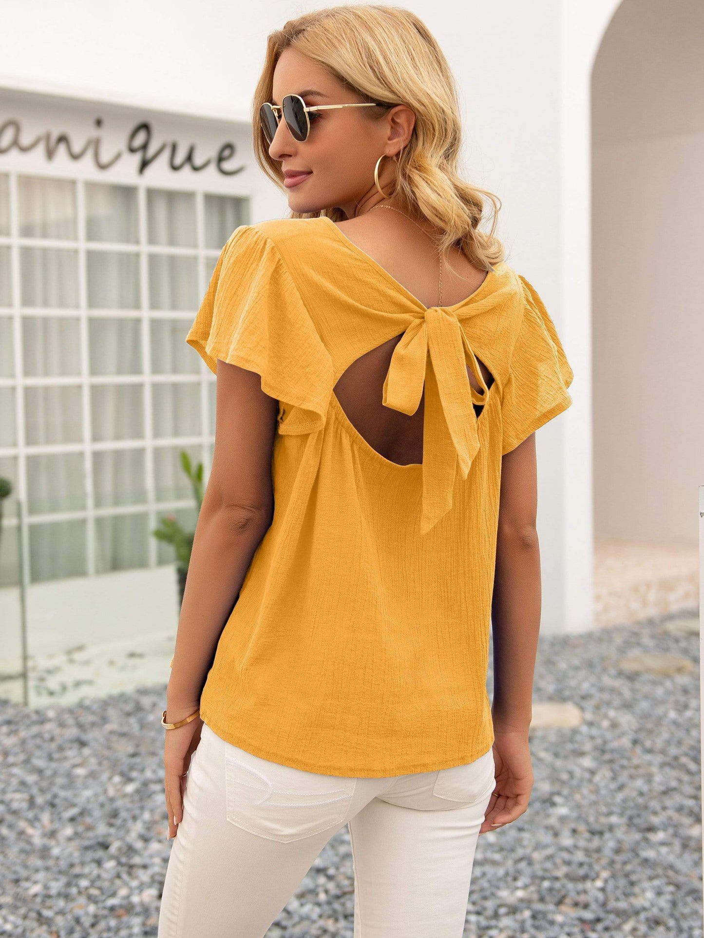 Anna-Kaci Tied Bow Open Back Textured Summer Blouse Top for Women Large 8-10 / Yellow