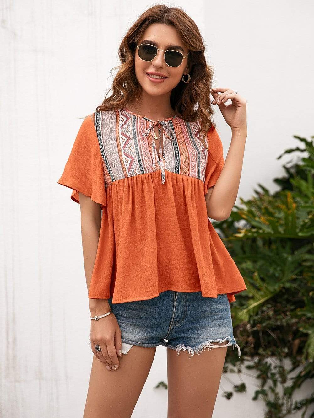 Anna-Kaci Tied Front Embroidered Boho Yoke Key Hole Blouse Top for Women Large 8-10 / Orange