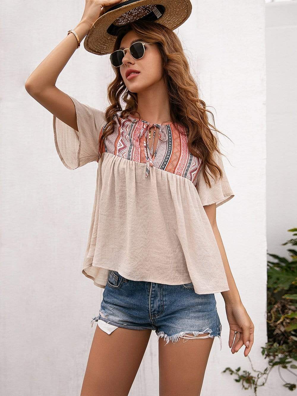 Anna-Kaci Tied Front Embroidered Boho Yoke Key Hole Blouse Top for Women