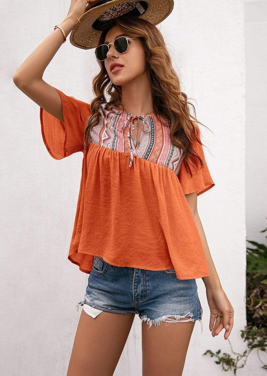 Anna-Kaci Tied Front Embroidered Boho Yoke Key Hole Blouse Top for Women