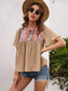 Anna-Kaci Tied Front Embroidered Boho Yoke Key Hole Blouse Top for Women