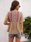 Anna-Kaci Tied Front Embroidered Boho Yoke Key Hole Blouse Top for Women