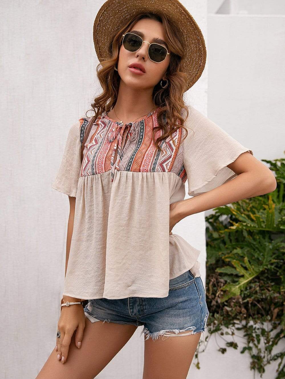 Anna-Kaci Tied Front Embroidered Boho Yoke Key Hole Blouse Top for Women