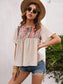 Anna-Kaci Tied Front Embroidered Boho Yoke Key Hole Blouse Top for Women