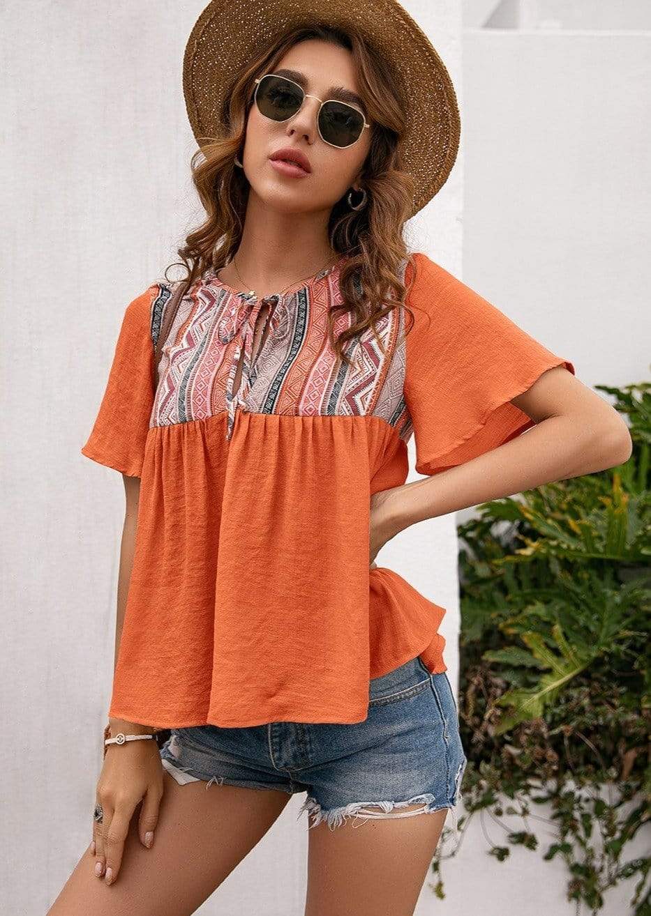 Anna-Kaci Tied Front Embroidered Boho Yoke Key Hole Blouse Top for Women