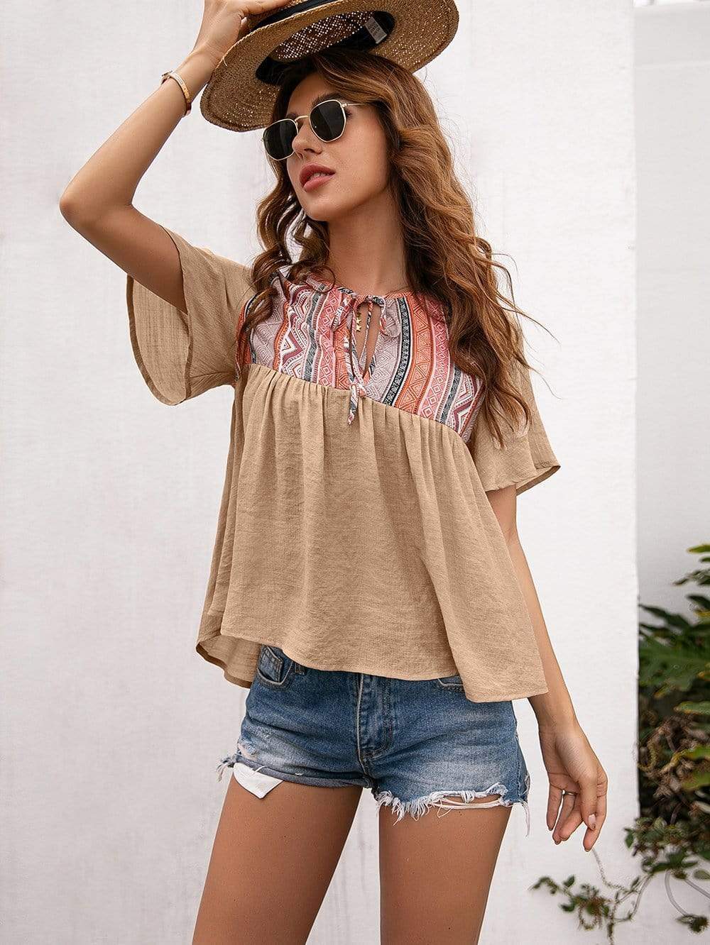 Anna-Kaci Tied Front Embroidered Boho Yoke Key Hole Blouse Top for Women