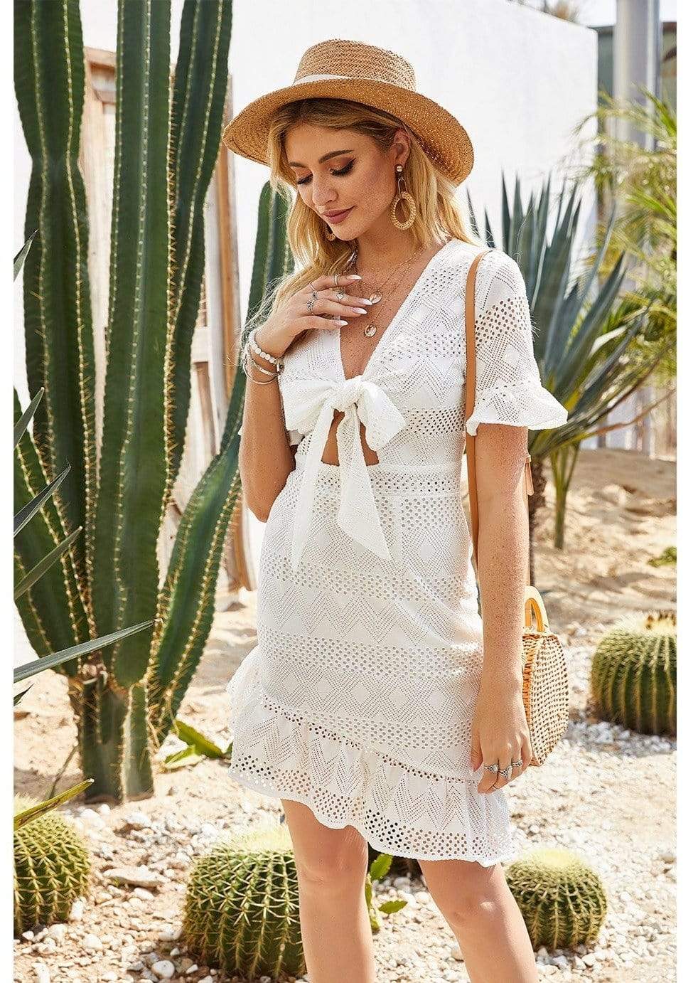 Anna-Kaci Tied Front Semi Sheer Ruffle Mini Dress Summer Short Sleeves for Women Large 8-10 / White