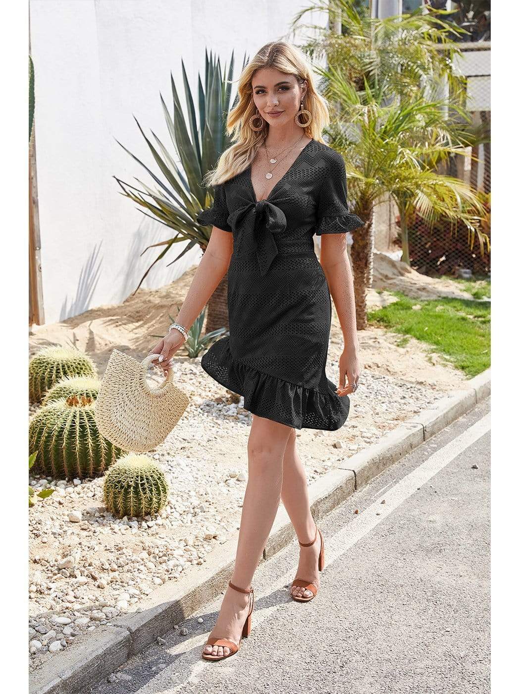 Anna-Kaci Tied Front Semi Sheer Ruffle Mini Dress Summer Short Sleeves for Women