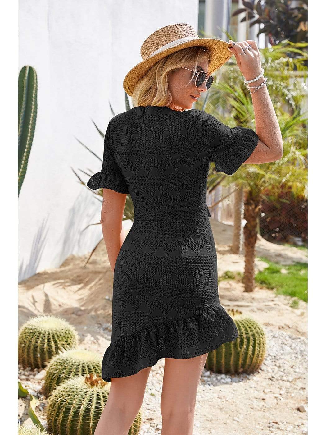 Anna-Kaci Tied Front Semi Sheer Ruffle Mini Dress Summer Short Sleeves for Women