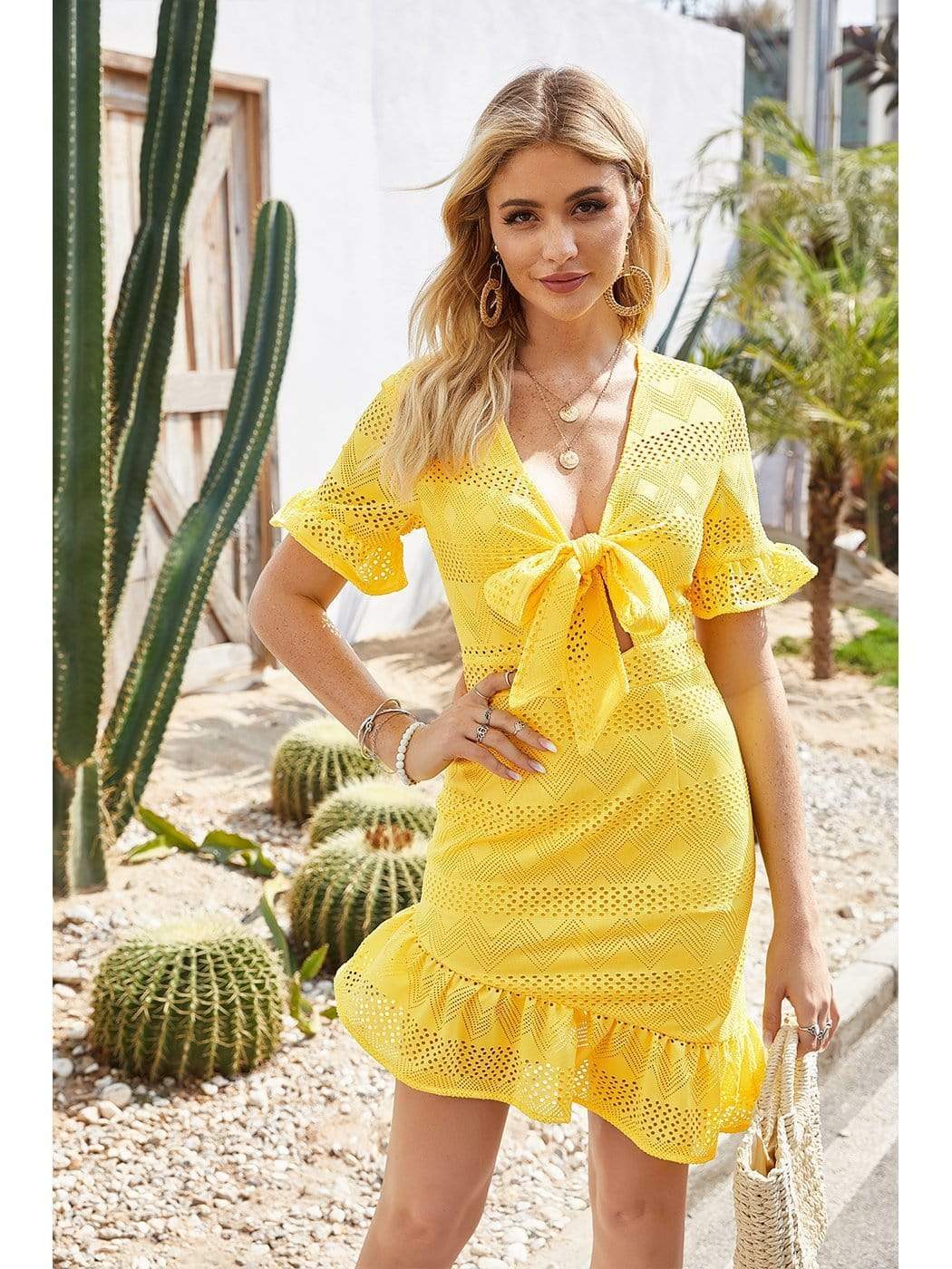 Anna-Kaci Tied Front Semi Sheer Ruffle Mini Dress Summer Short Sleeves for Women