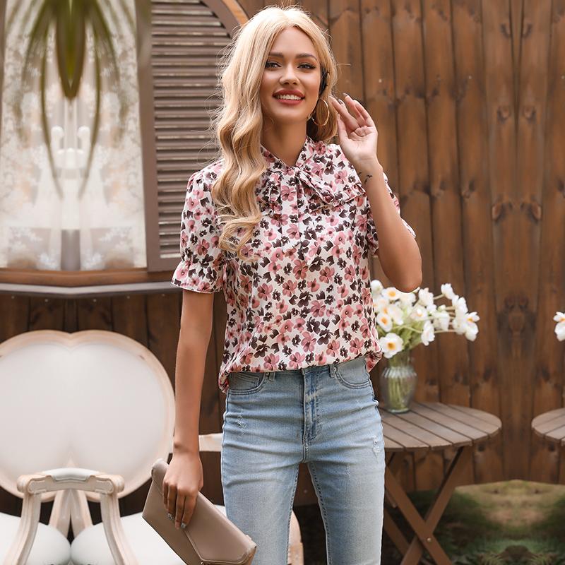 Anna-Kaci Tied Neck Floral Print Blouse Top Short Sleeve for Women