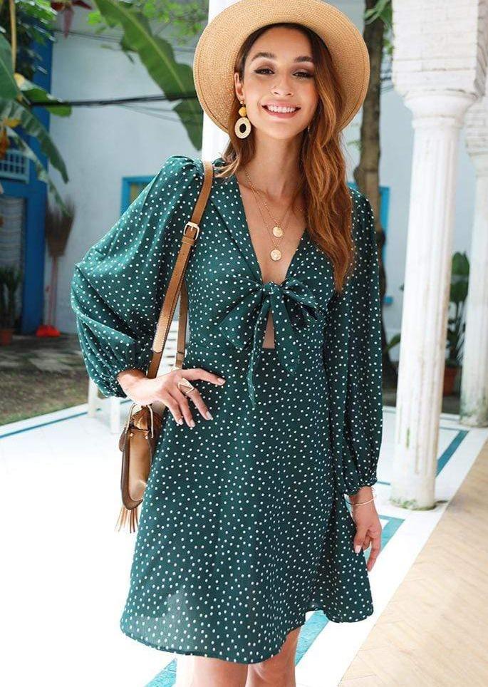 Anna-Kaci Tied Polka Dot Bow Chest Long Sleeve Tunic Swing Dress for Women Large 8-10 / Green