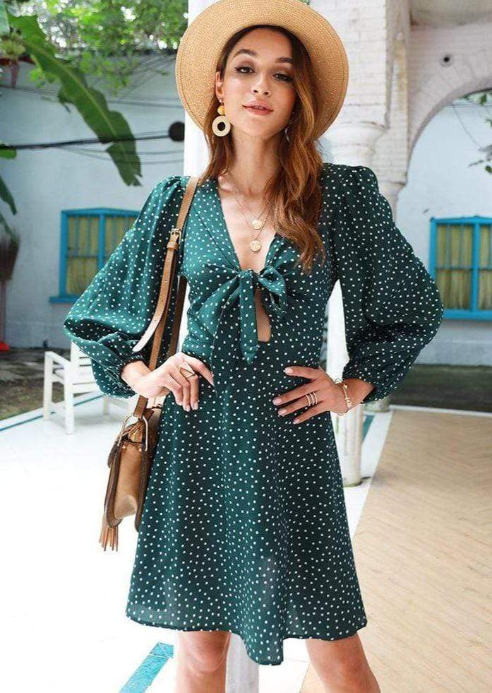 Anna-Kaci Tied Polka Dot Bow Chest Long Sleeve Tunic Swing Dress for Women