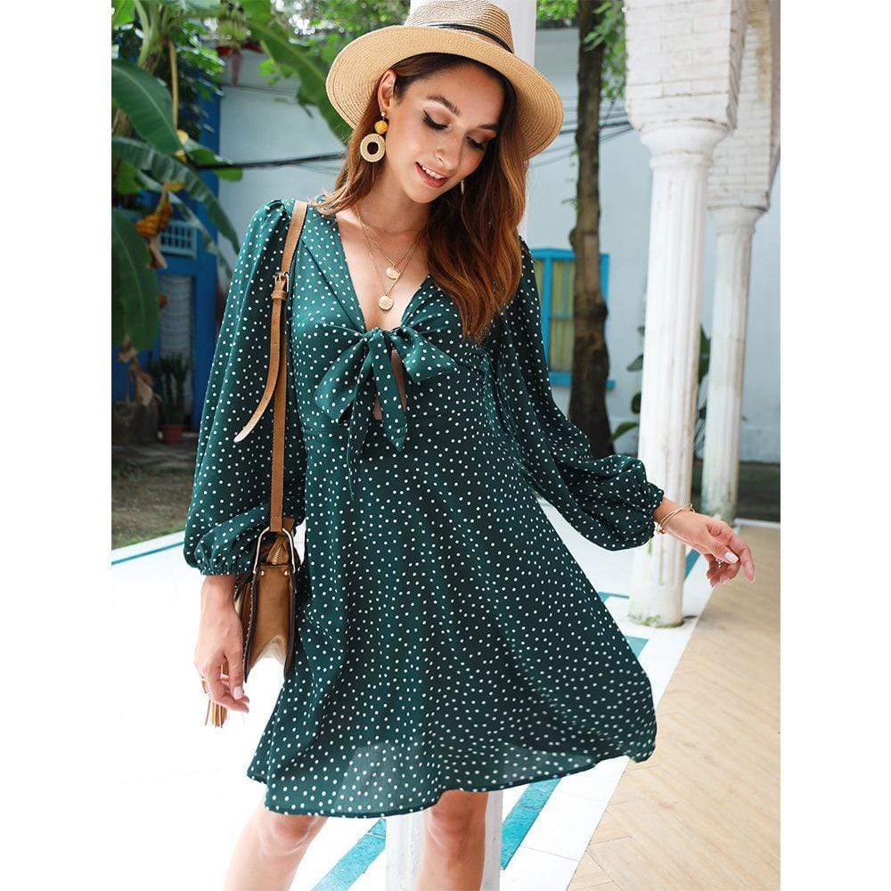 Anna-Kaci Tied Polka Dot Bow Chest Long Sleeve Tunic Swing Dress for Women