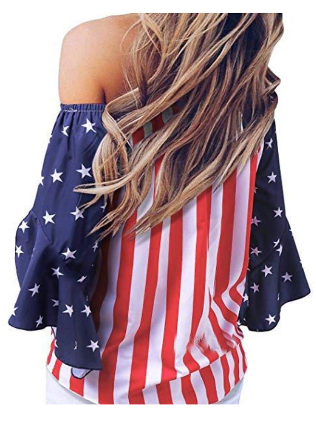 Anna-Kaci  Trumpet Sleeve Tie-Front American Flag Blouse | Anna-Kaci