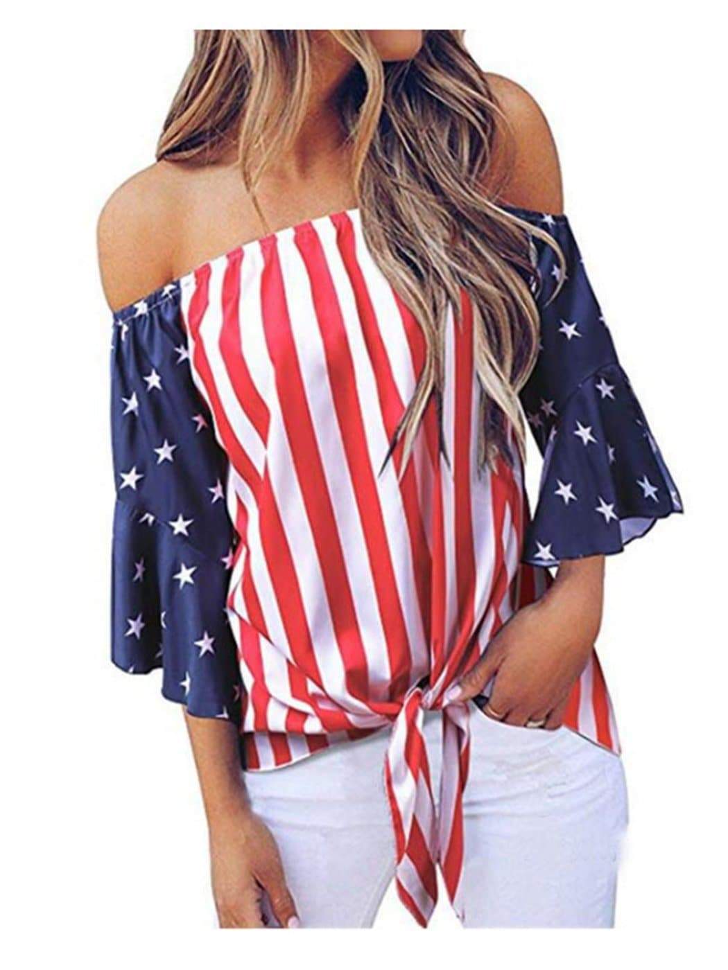 Anna-Kaci  Trumpet Sleeve Tie-Front American Flag Blouse | Anna-Kaci