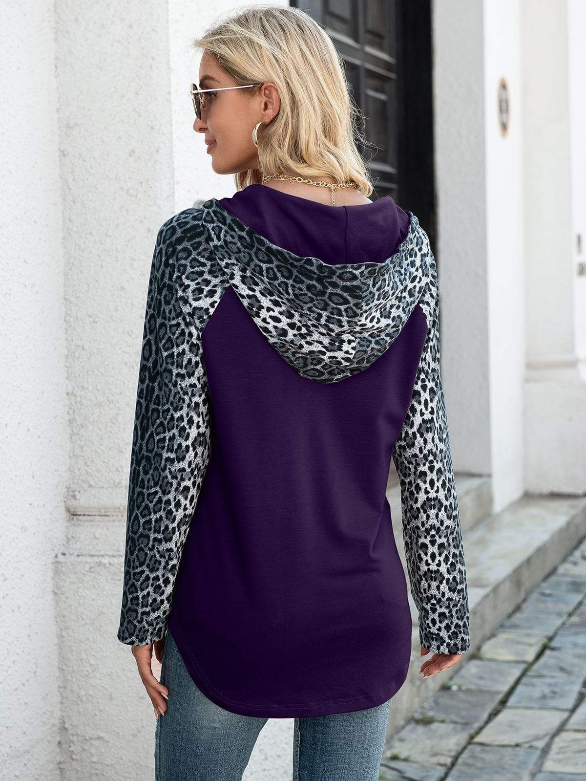 Anna-Kaci Two Tone Drawstring Kangaroo Pocket Leopard Print Hoodie for Women Large 8-10 / Purple