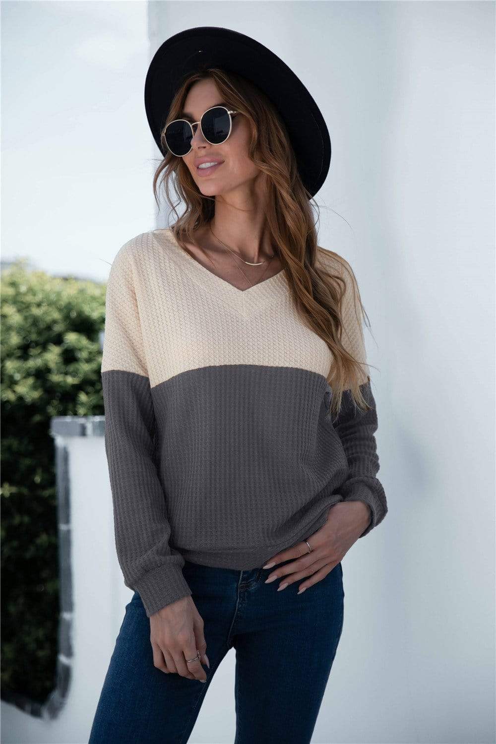 Anna-Kaci Two Tone Knitted Long Sleeve Sweater V Neck For Women