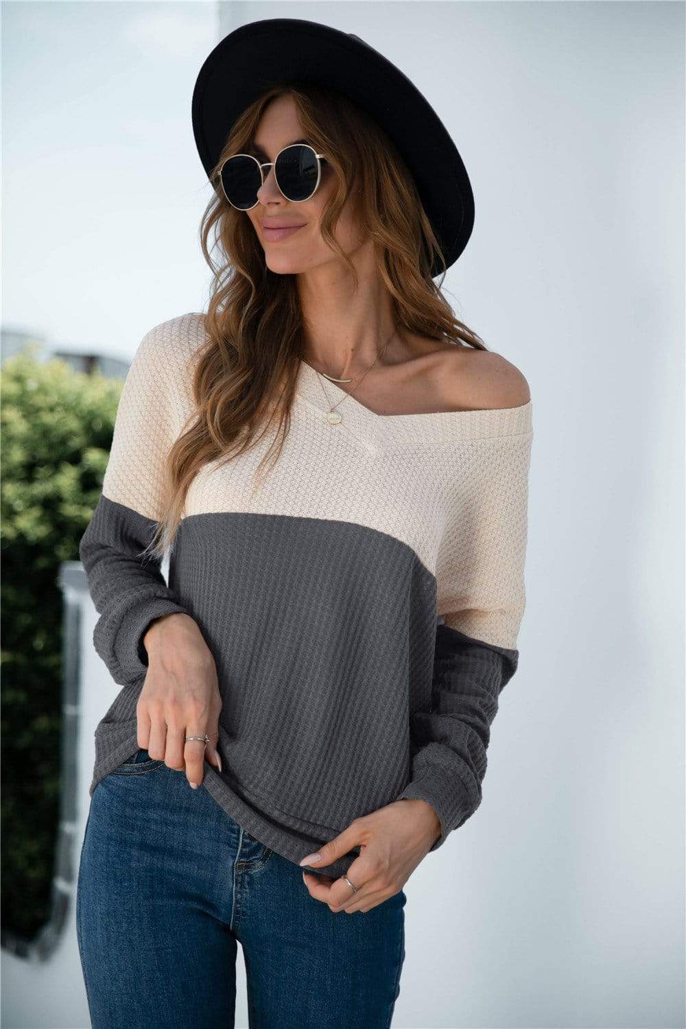 Anna-Kaci Two Tone Knitted Long Sleeve Sweater V Neck For Women