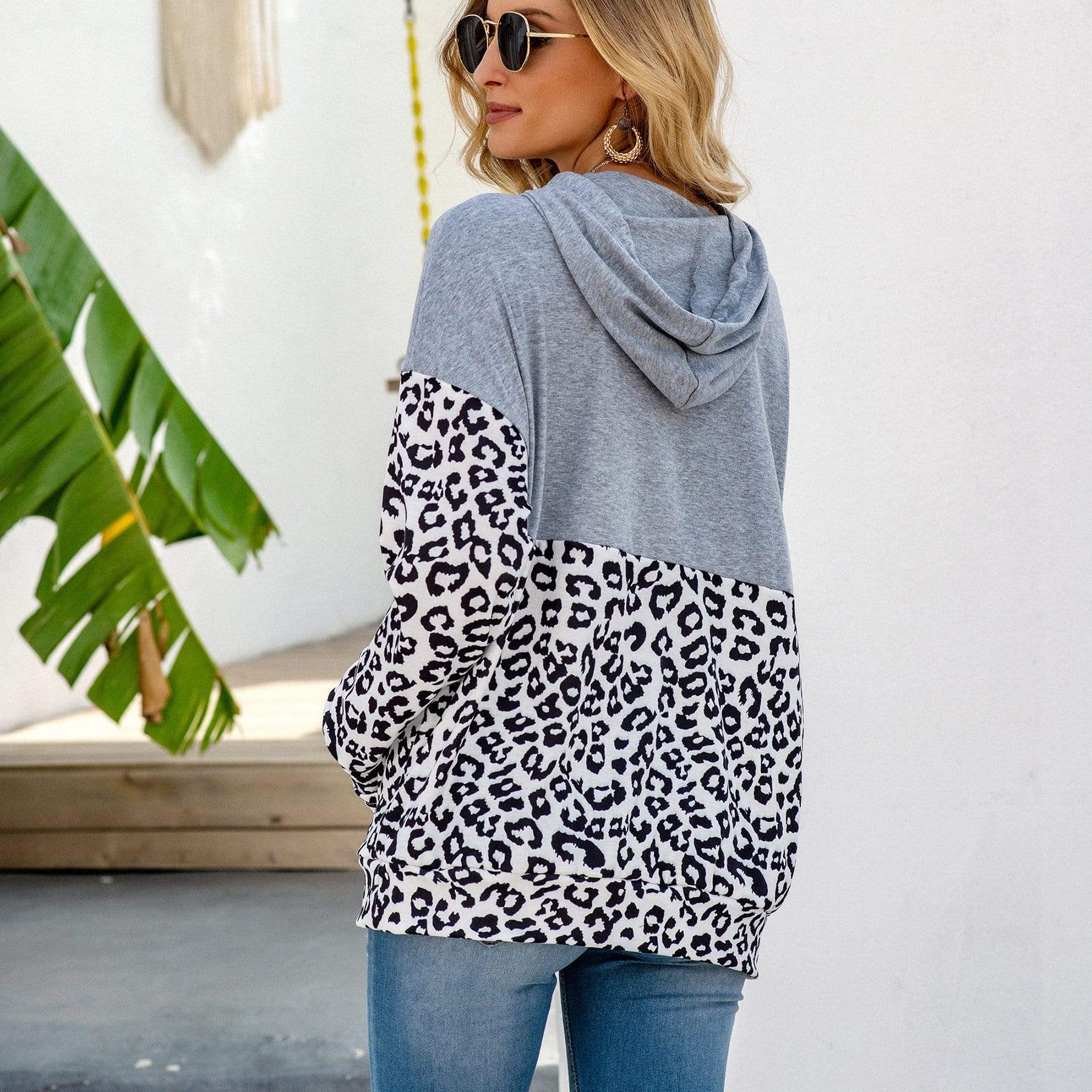 Anna-Kaci Two Tone Leopard Print Block Section Light Hoodie for Women