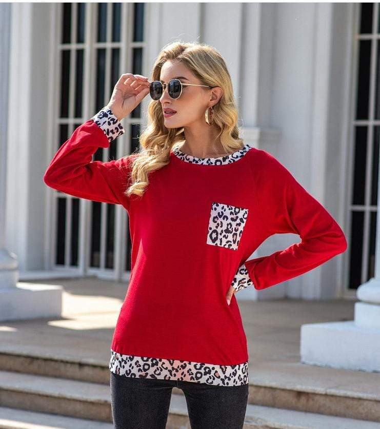 Anna-Kaci Two Tone Leopard Print Round Neck Patch Pocket Long Sleeve Tee