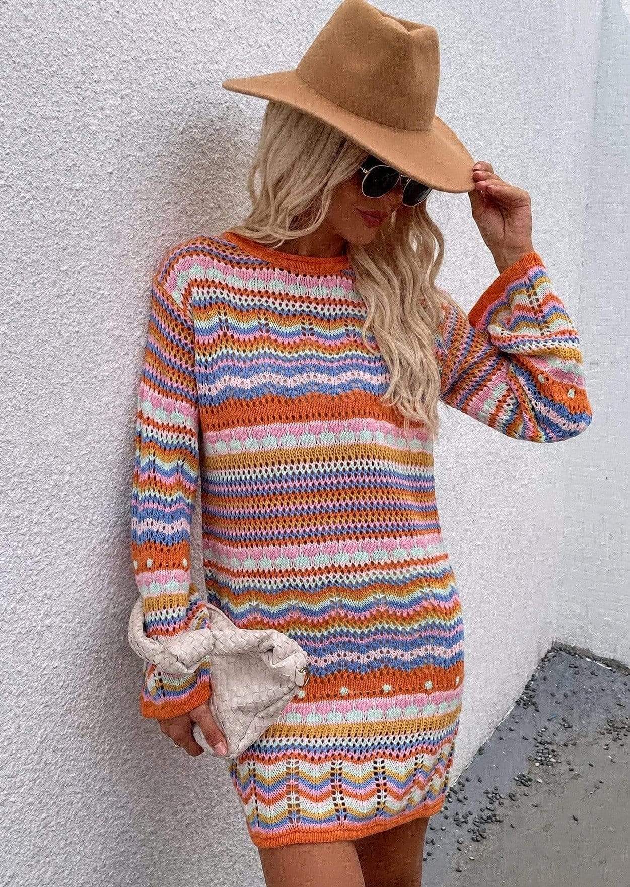 Anna-Kaci Ugly Christmas Striped Sweater Dress Knit Long Sleeve for Women