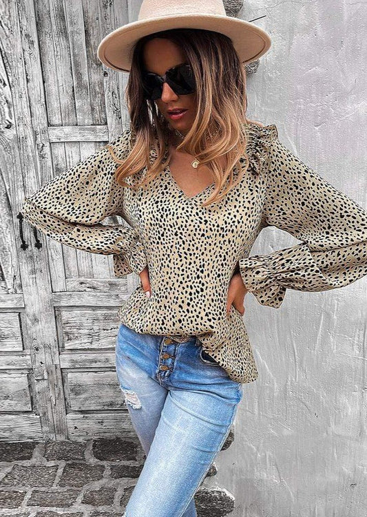 Anna-Kaci V Neck Animal Print Shoulder Ruffle Bishop Sleeve Blouse for Women