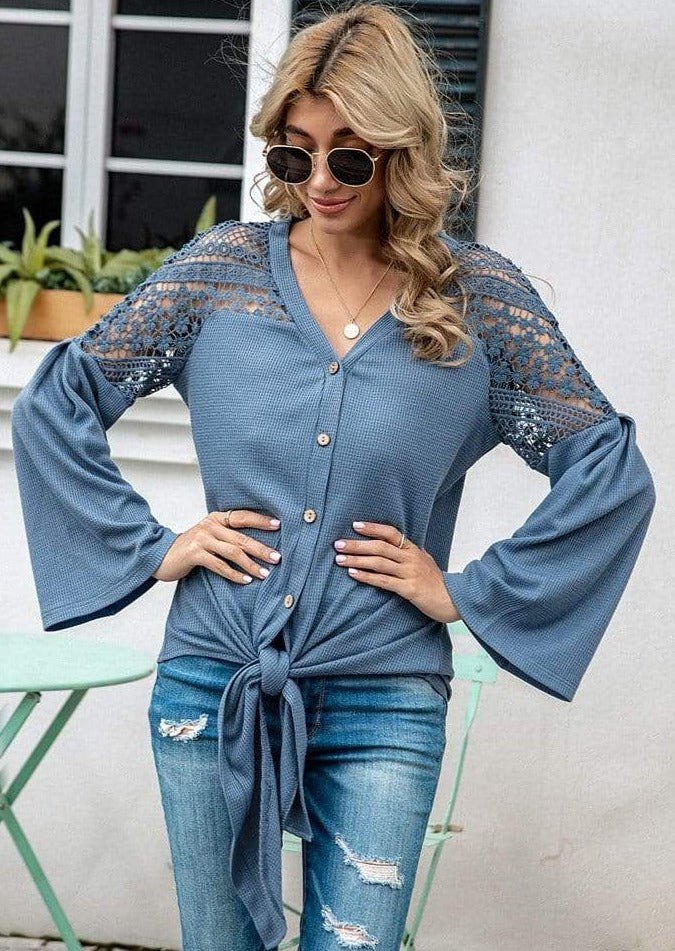 Anna-Kaci V Neck Button Down Bell Sleeve Lace Detail Knot Hem Top for Women 2XL / Blue