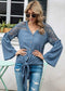 Anna-Kaci V Neck Button Down Bell Sleeve Lace Detail Knot Hem Top for Women 2XL / Blue
