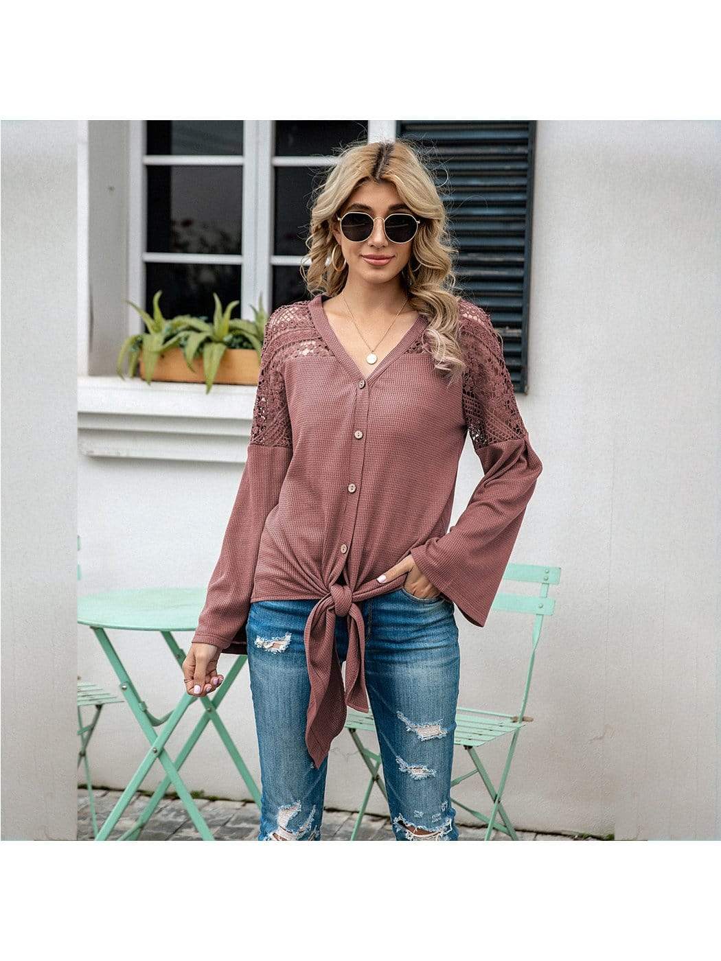 Anna-Kaci V Neck Button Down Bell Sleeve Lace Detail Knot Hem Top for Women 2XL / Mauve