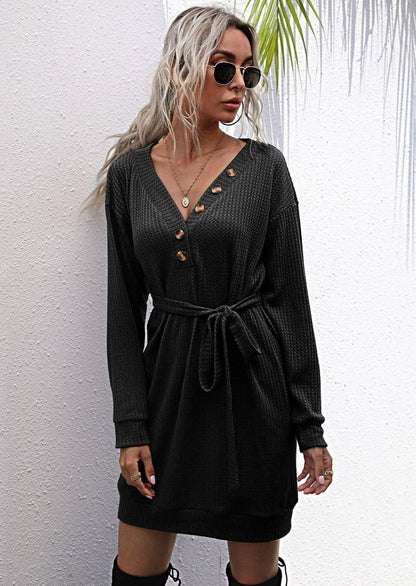 Anna-Kaci V Neck Button Front Detail Tie Waist Belt Sweater Dress for Women L / Black