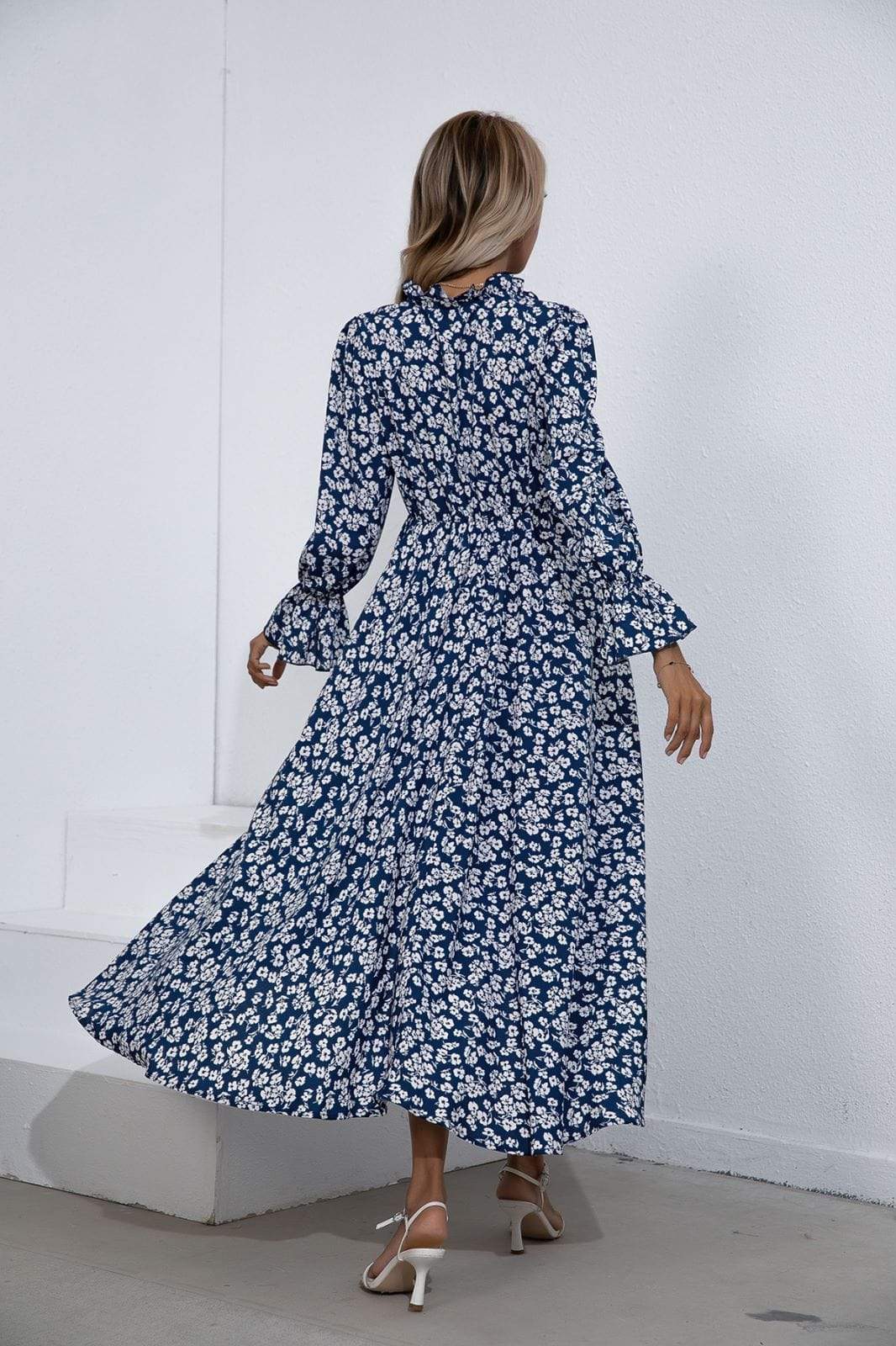 Anna-Kaci V Neck Collar Bishop Sleeve Floral Print High Low Dress for Women