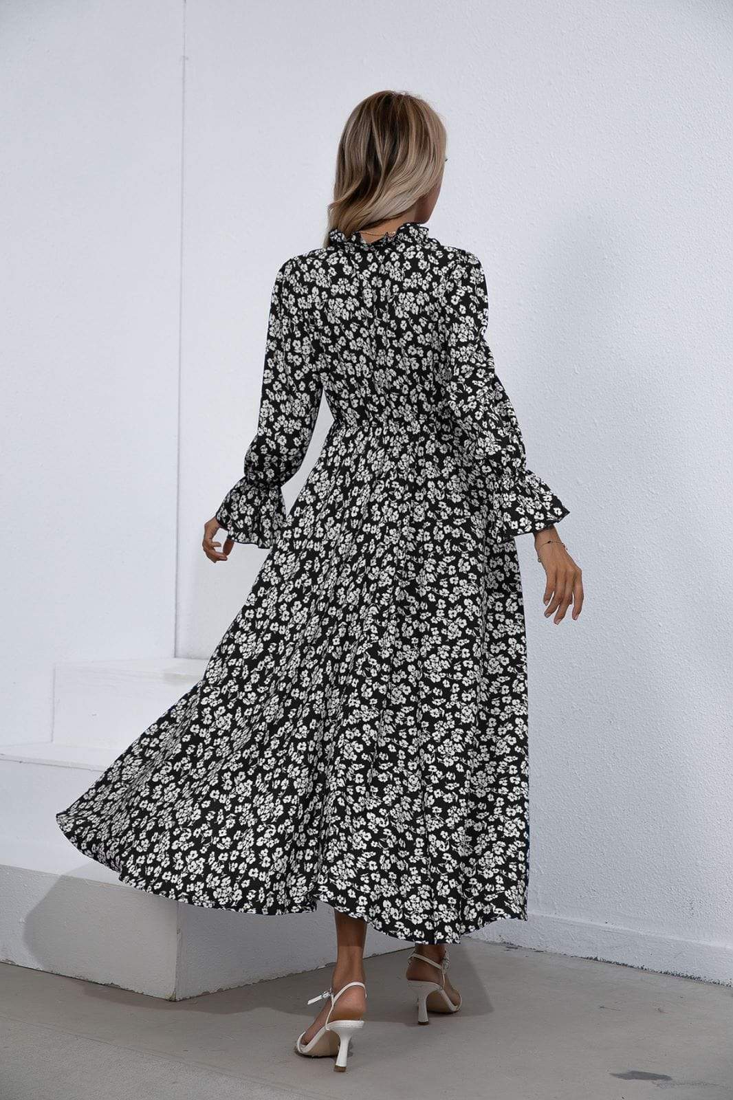 Anna-Kaci V Neck Collar Bishop Sleeve Floral Print High Low Dress for Women