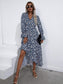 Anna-Kaci V Neck Collar Bishop Sleeve Floral Print High Low Dress for Women