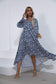 Anna-Kaci V Neck Collar Bishop Sleeve Floral Print High Low Dress for Women Large 8-10 / Navy