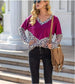 Anna-Kaci V Neck Color Block Leopard Print Loose Fit Long Sleeve Tee for Women