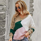 Anna-Kaci V Neck Color Block Long Sleeve Relaxed Fit Sweater for Women