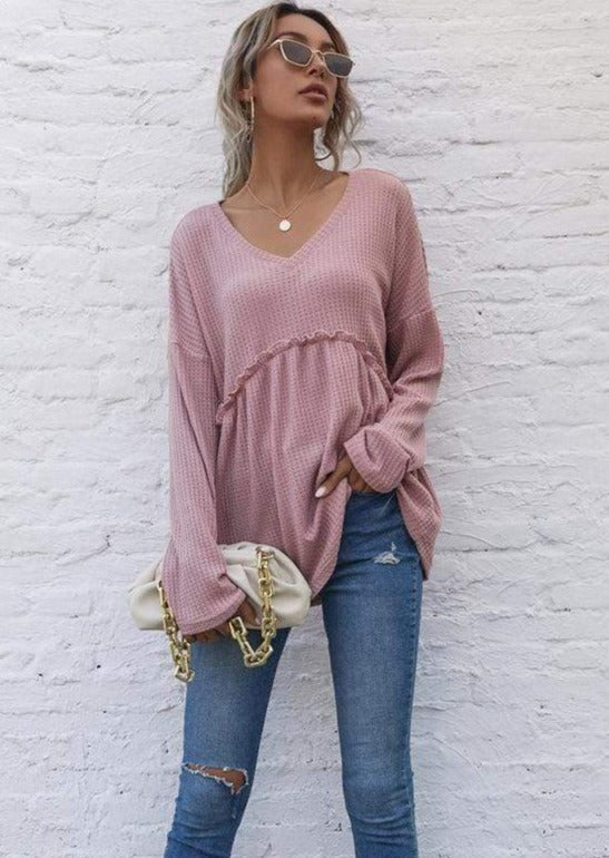 Anna-Kaci V Neck Drop Shoulder Soft Peplum Waffle Knit Blouse for Women Large 8-10 / MauvePink