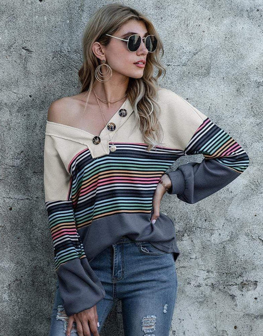 Anna-Kaci V Neck Rainbow Striped Color Block Oversized Sweater for Women