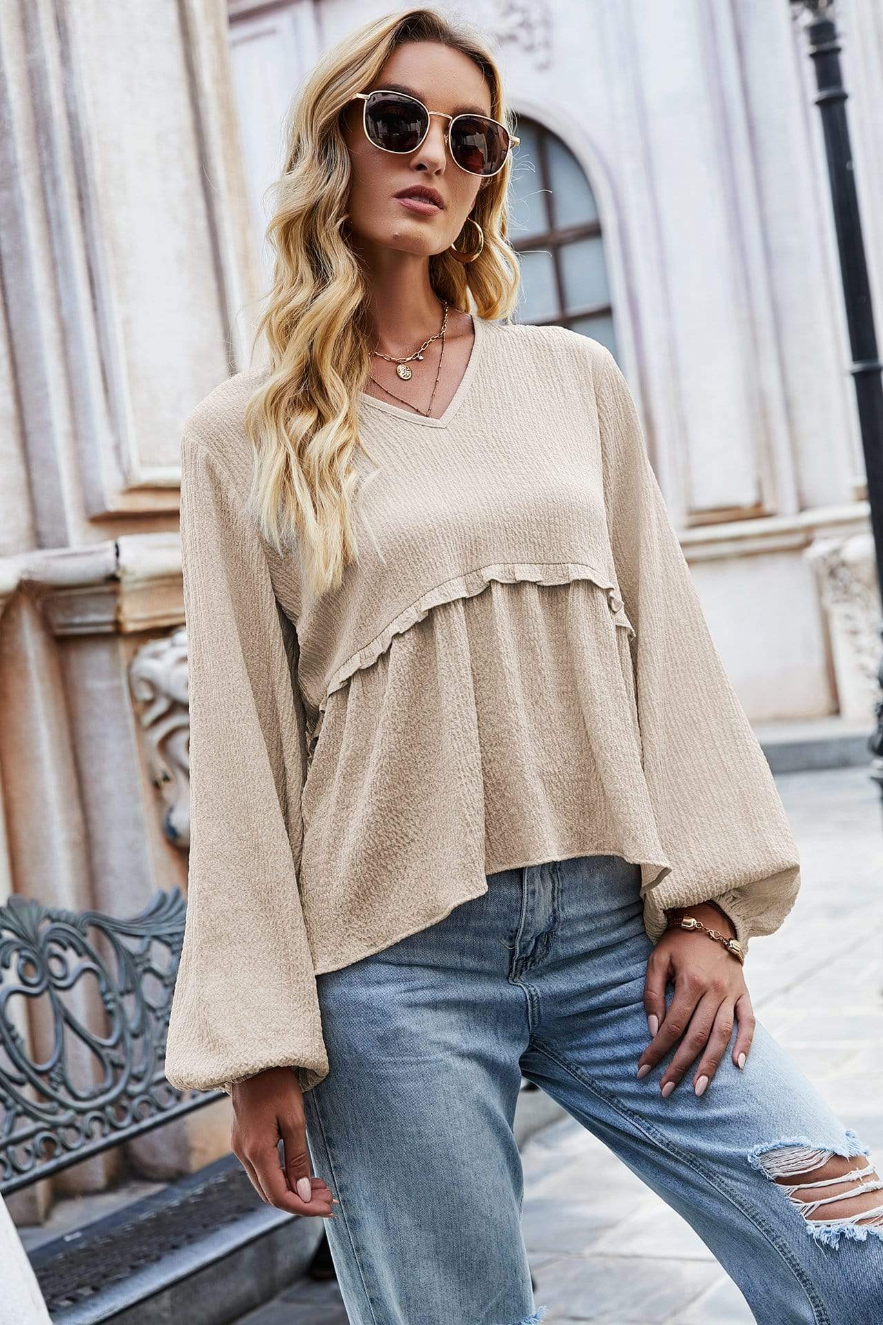 Anna-Kaci V Neck Soft Ruffle Peplum Bishop Long Sleeve Blouse for Women