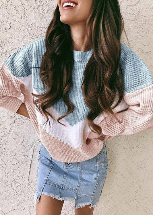 Anna-Kaci V Striped Color Block Waffle Knit Long Sleeve Pullover Top for Women Large 8-10 / Blue