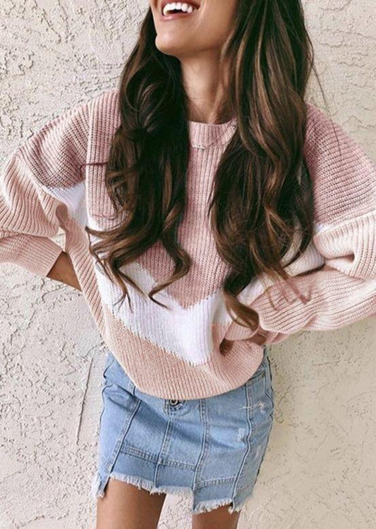 Anna-Kaci V Striped Color Block Waffle Knit Long Sleeve Pullover Top for Women Large 8-10 / Pink