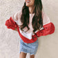 Anna-Kaci V Striped Color Block Waffle Knit Long Sleeve Pullover Top for Women Large 8-10 / Red