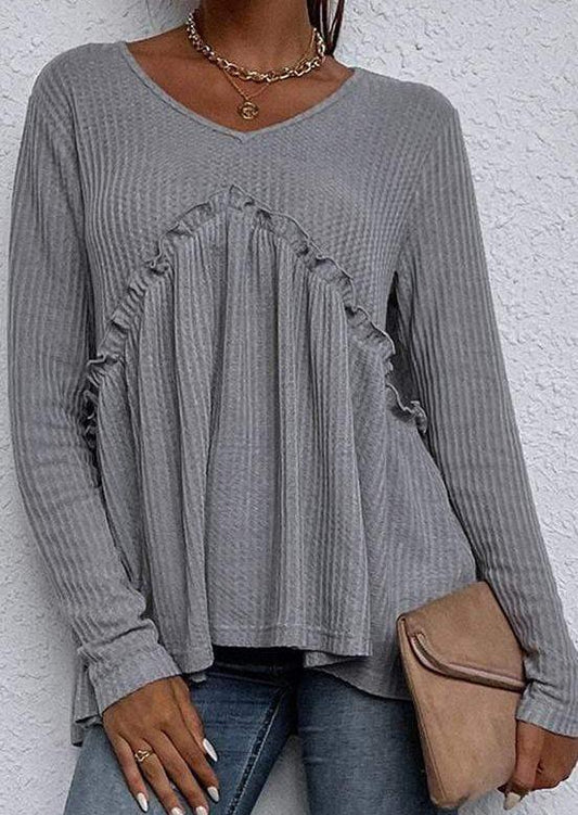 Anna-Kaci Waffle Knit Cinched Empire Waist Ruffle Long Sleeve Top for Women Large 8-10 / Gray