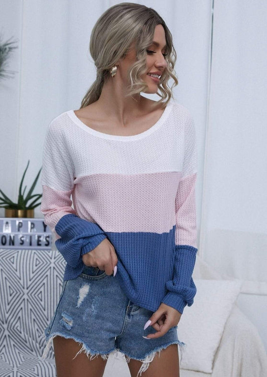 Anna-Kaci Waffle Knit Color Block Top Round Neck Long Sleeve for Women Large 8-10 / White