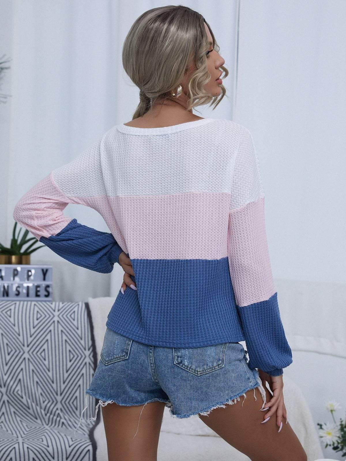 Anna-Kaci Waffle Knit Color Block Top Round Neck Long Sleeve for Women