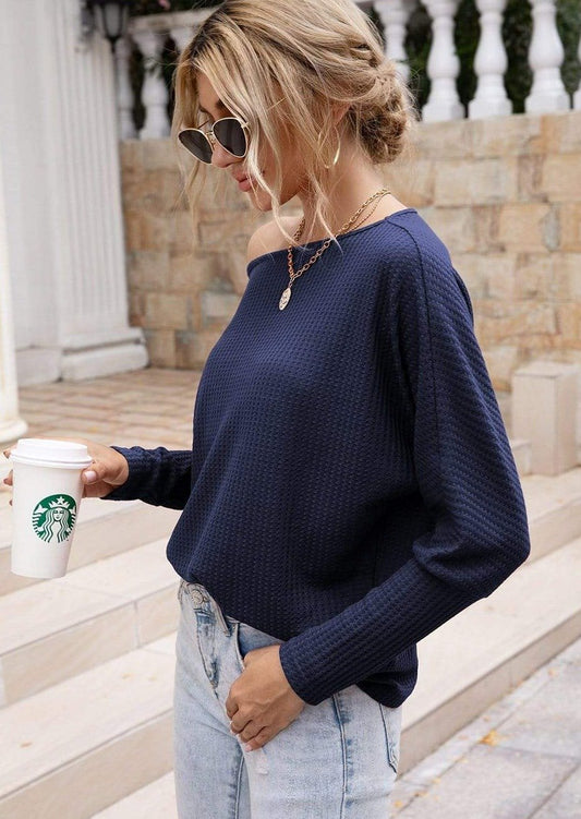 Anna-Kaci Waffle Knit One Off Shoulder Long Sleeve Top Solid Color for Women