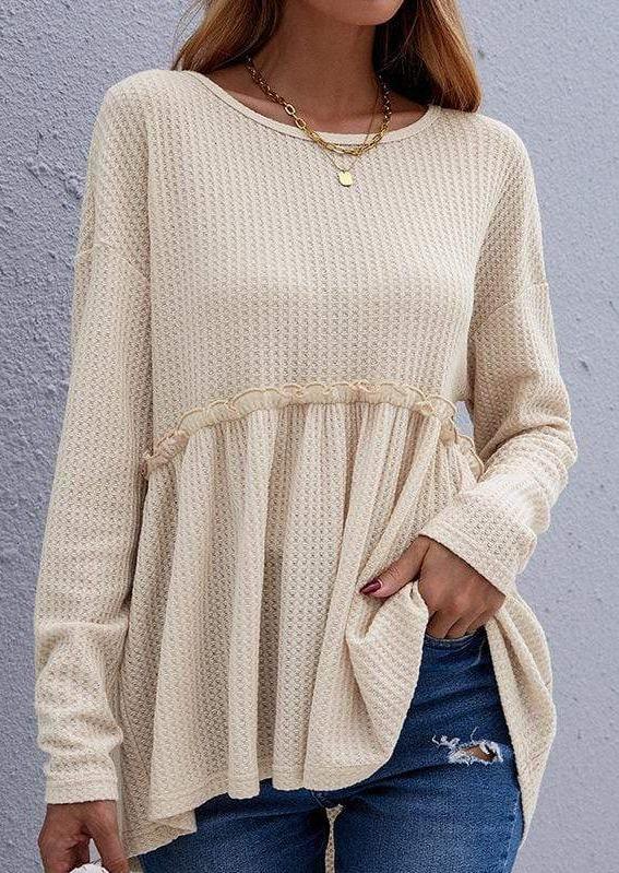 Anna-Kaci Waffle Knit Ruffle Long Sleeve Top Cinched Waistline for Women Large 8-10 / Light Beige