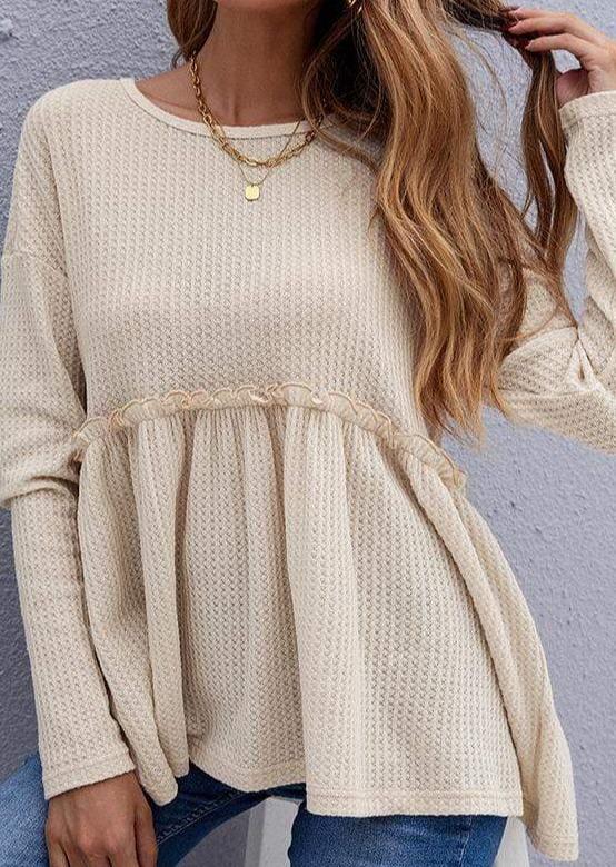 Anna-Kaci Waffle Knit Ruffle Long Sleeve Top Cinched Waistline for Women