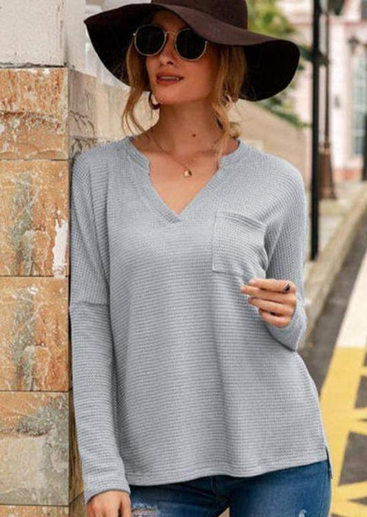 Anna-Kaci Waffle Knit Shirt Pocket Long Sleeve V Neck Line Light Top for Women Large 8-10 / Gray